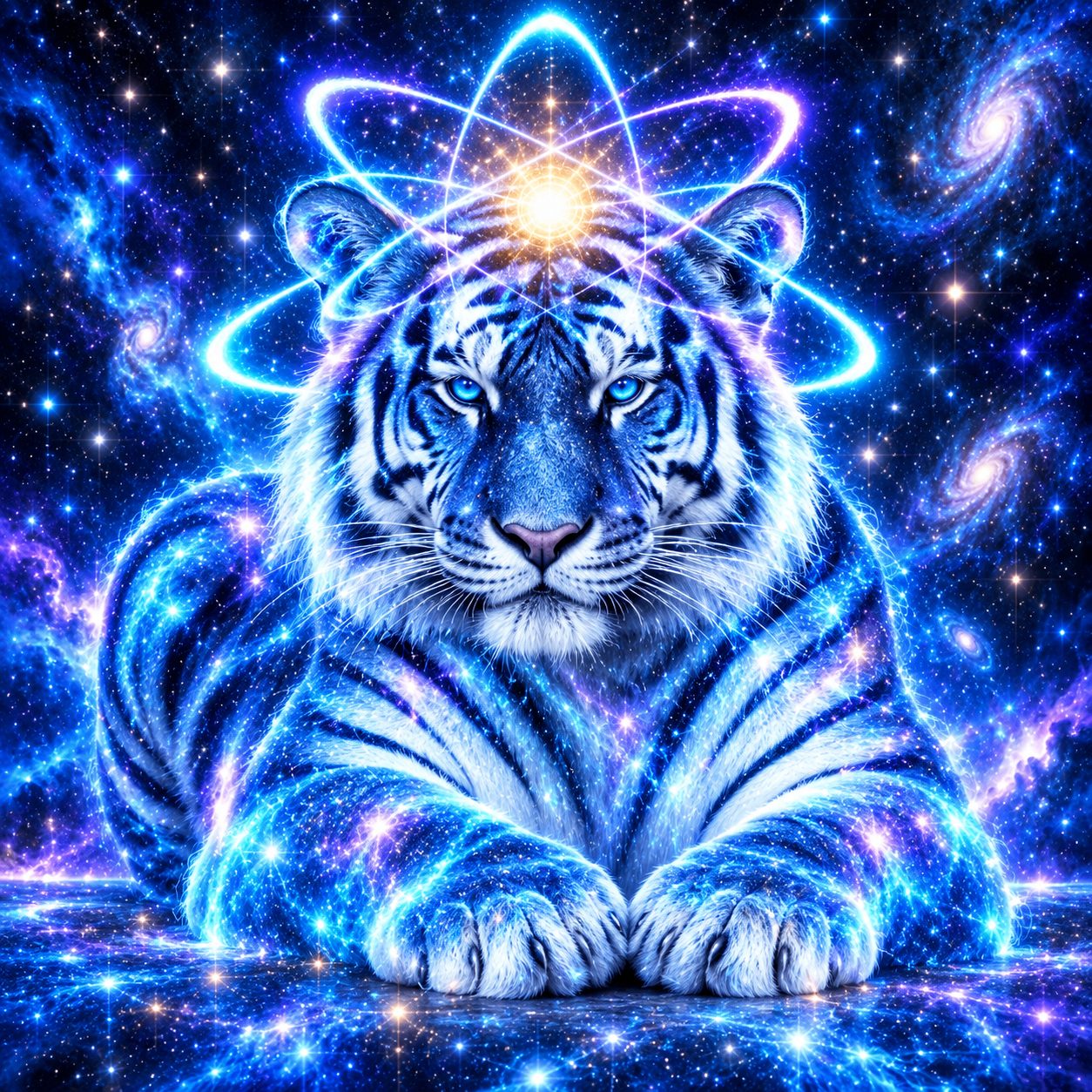 QIGER, the Quantum Tiger: a cosmic blue tiger with constellations in its fur and orbital light rings around its brow
